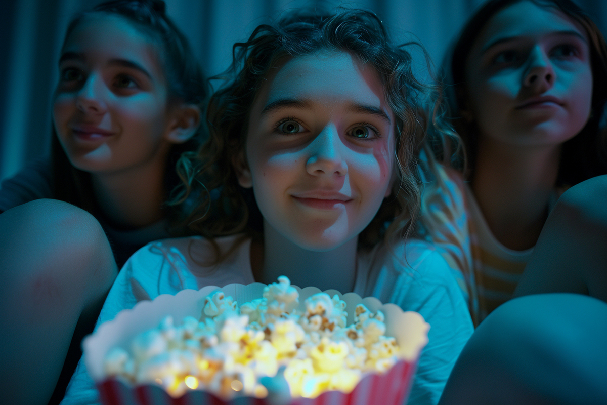 Garotas encantadas assistindo TV, ilustrando o perigo de assistir filmes de terror e a glamourização do ocultismo.